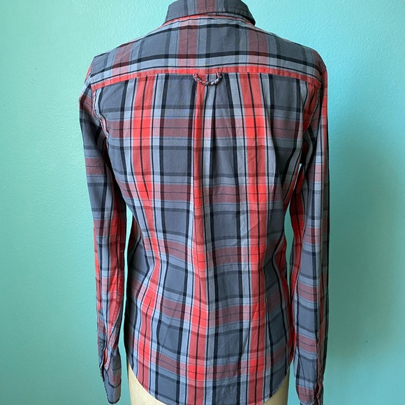 Obey Women’s red grey plaid collared button down shirt / size medium small - Picture 4 of 8